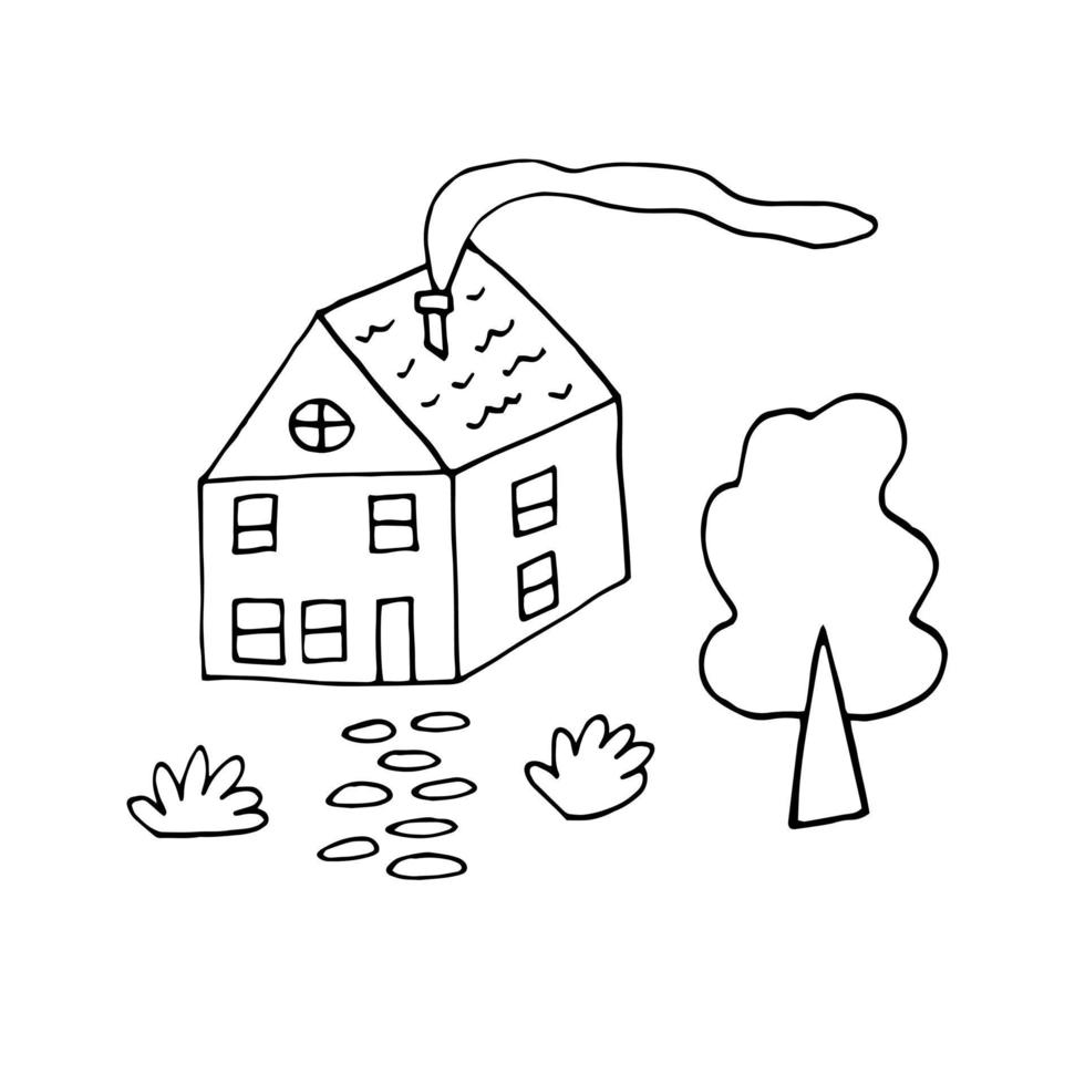 Haus und Baum. Illustrationshand gezeichnet im Kunststil der Gekritzellinie vektor