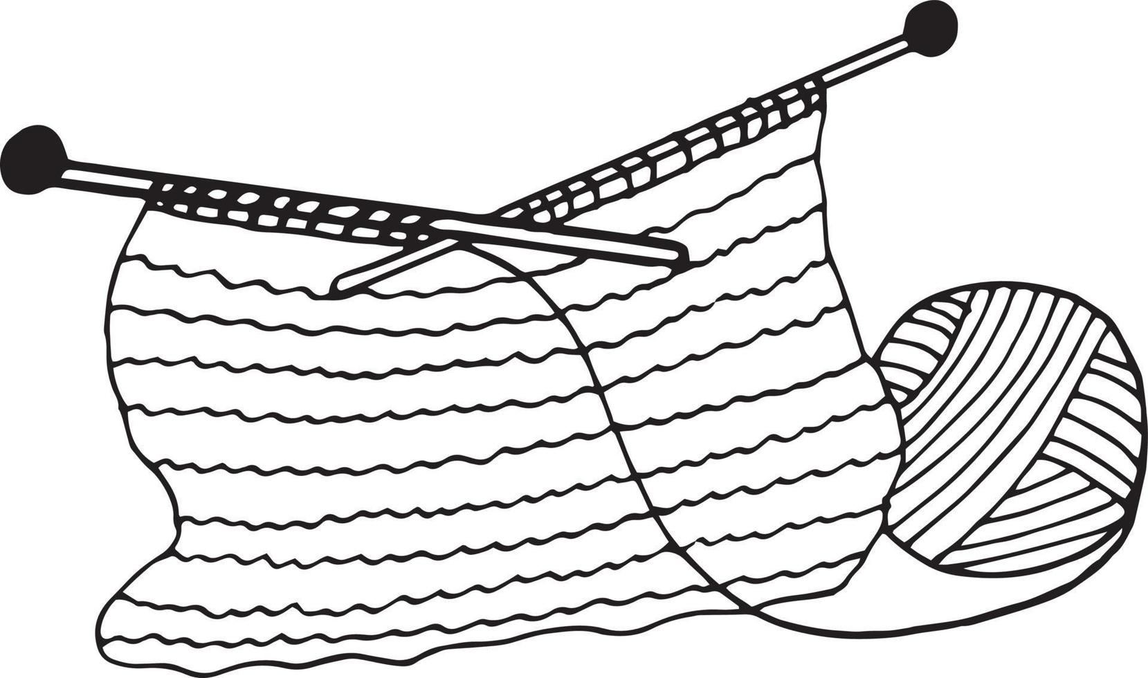 stricknadeln, schlaufe, schal handgezeichnet im gekritzelstil. einzelnes Element für Designikone, Aufkleber, Plakat, Karte. , skandinavisch, hygge monochrom hobby handwerk gemütliches zuhause vektor