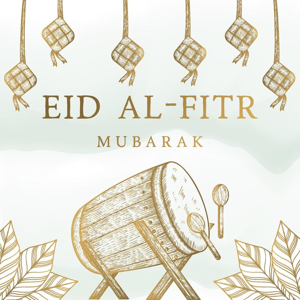 hand gezeichnetes eid al fitr mubarak mit bedug, grußkartenillustration vektor