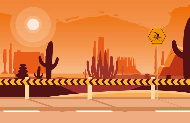 Wüstenlandschaftsszene mit Beschilderung für Radfahrer vektor