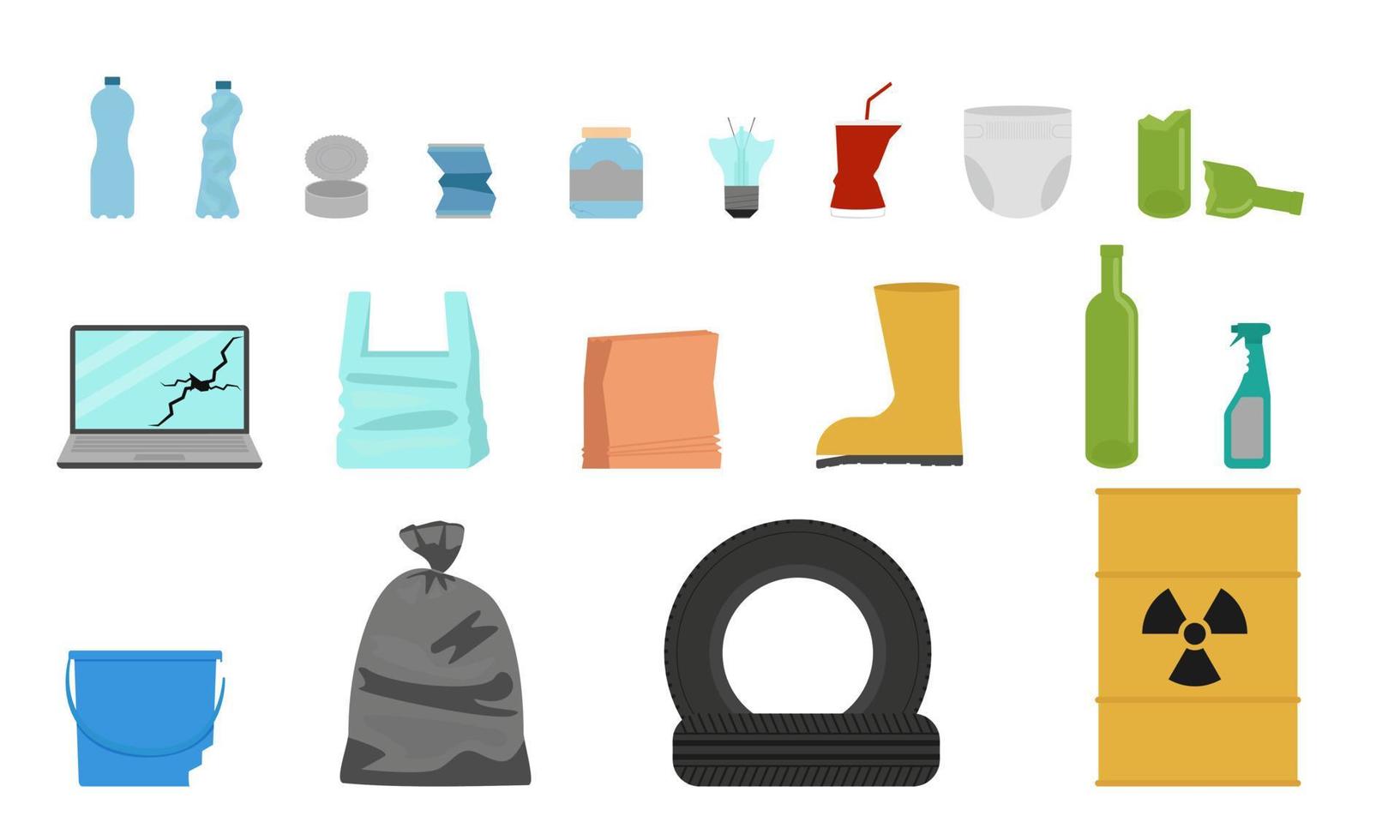 sopor. en uppsättning olika avfall. miljöförorening. platt. vektor illustration