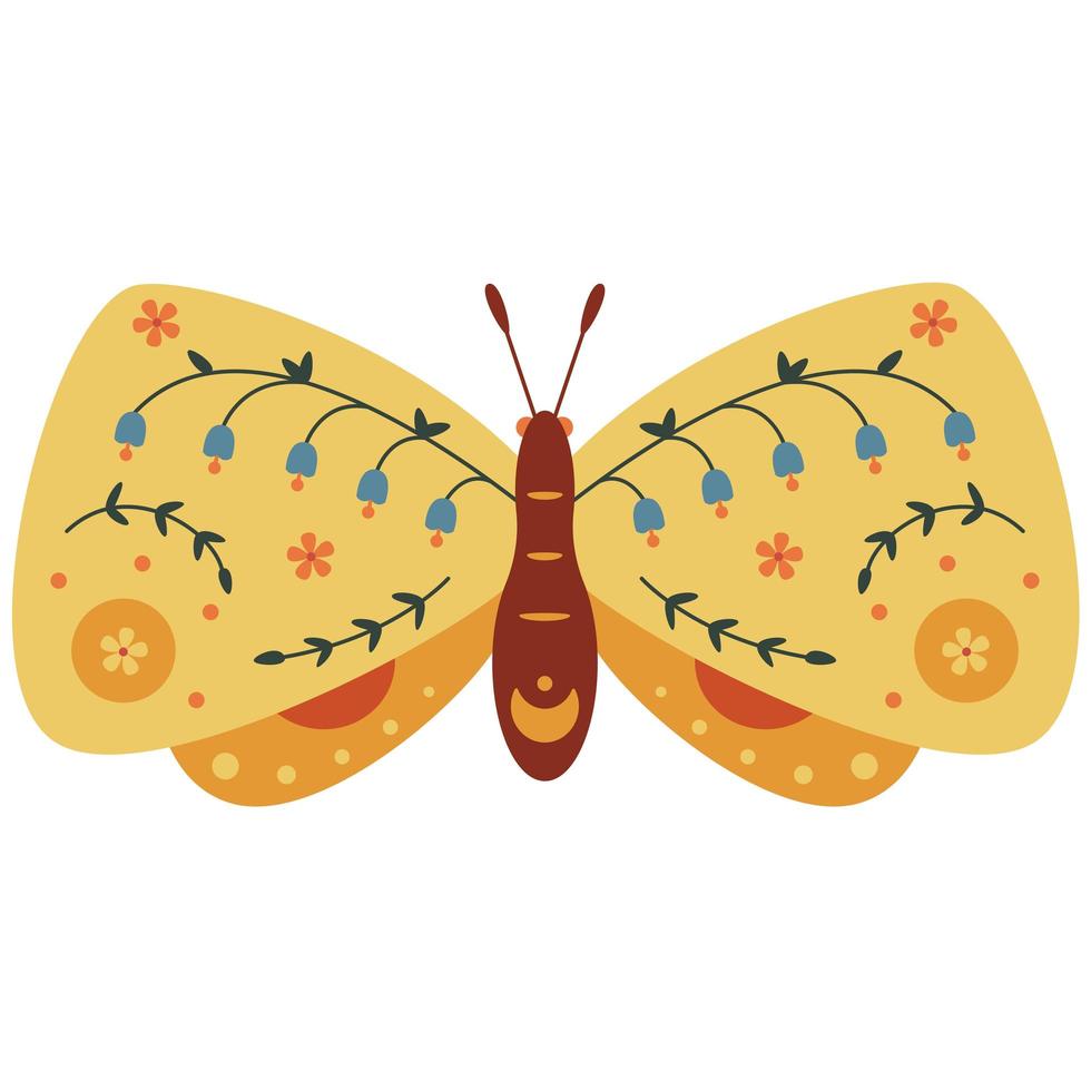 dekorative grafische Kunst des gelben Schmetterlinges im Volksstil vektor