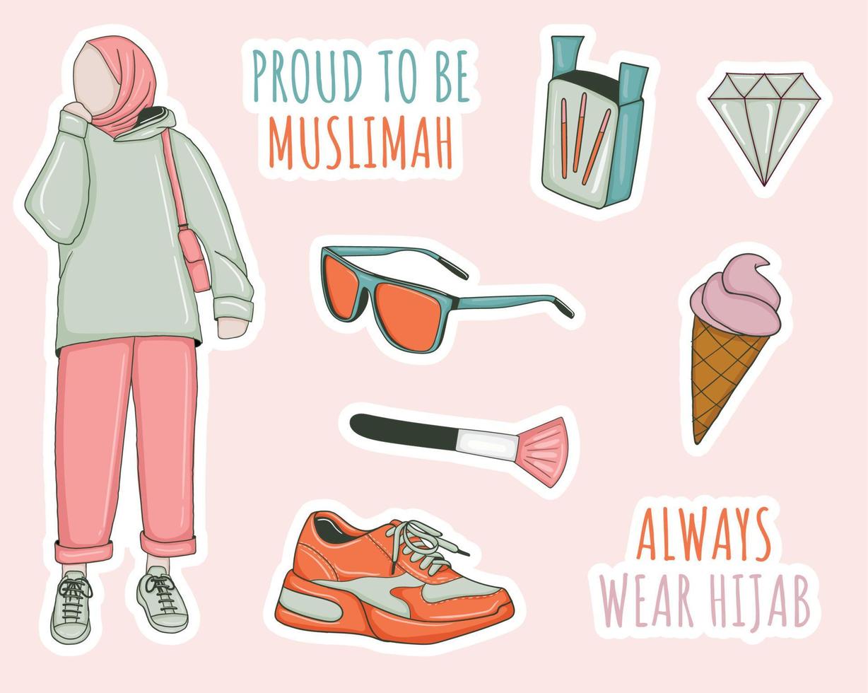 färgglada handritade muslimska flicka klistermärken samling vektor