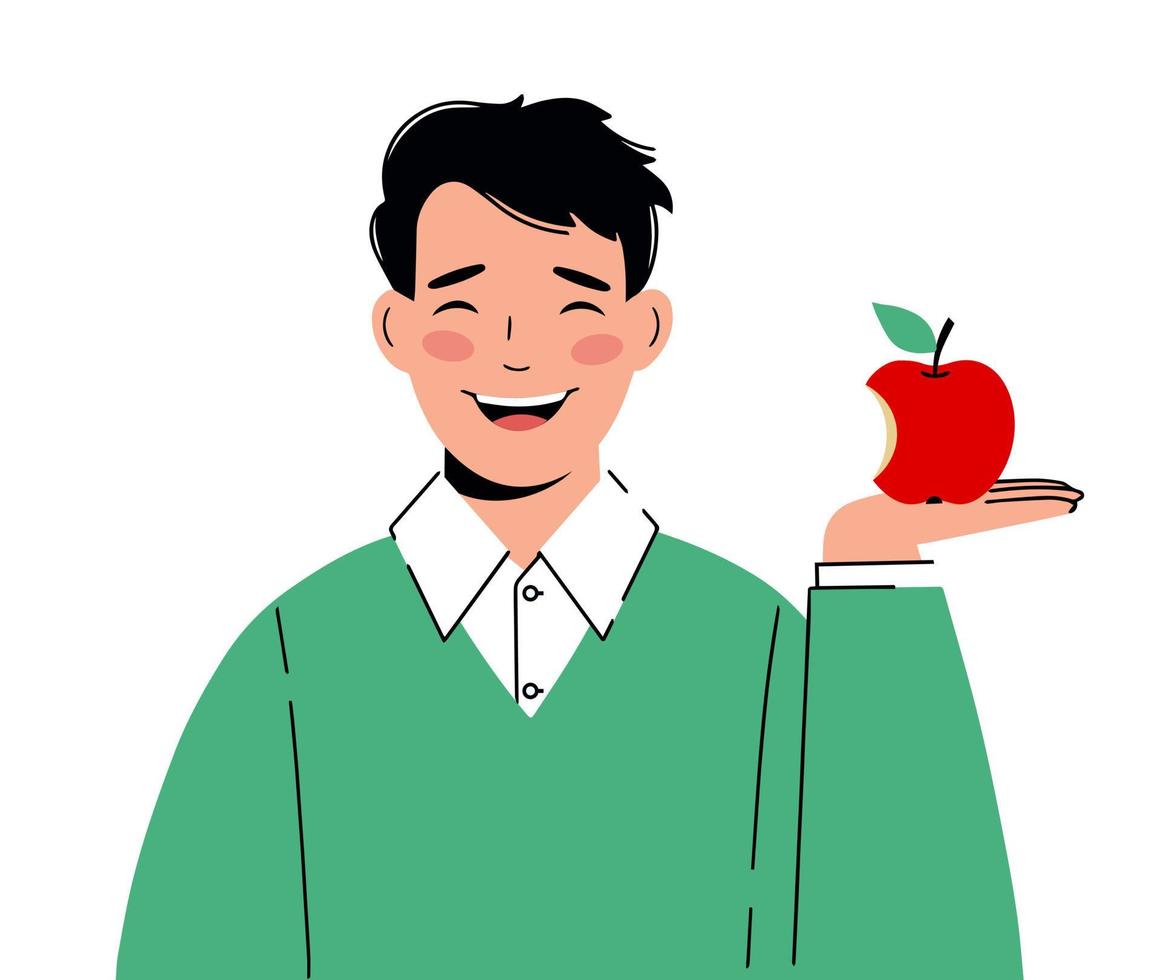 Konzept der Wahl einer gesunden Ernährung. junger Mann, der einen halb aufgegessenen Apfel hält vektor