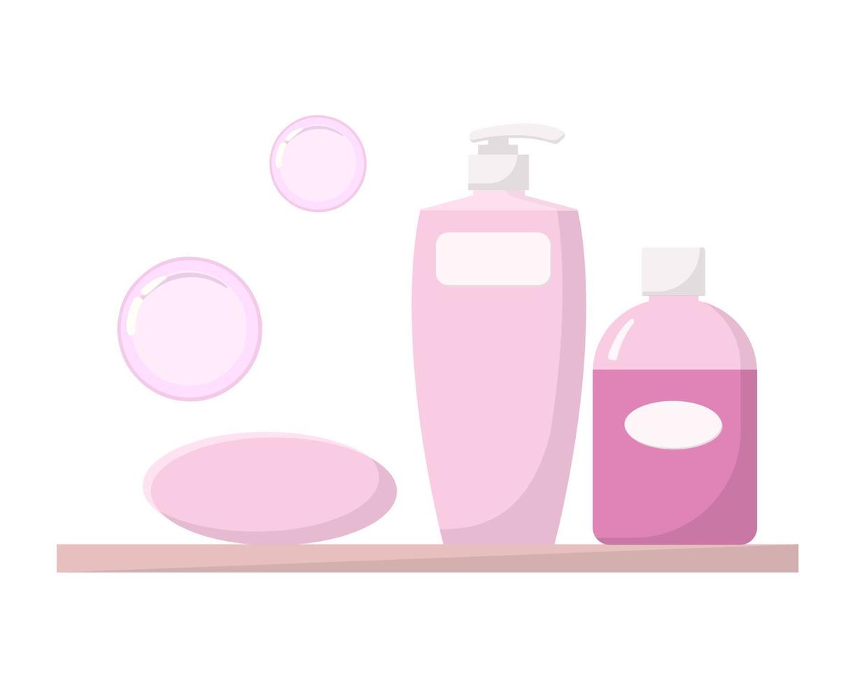 Regal im Badezimmer mit kosmetischem Shampoo, Lotion und Seife. Gestaltungselement vektor