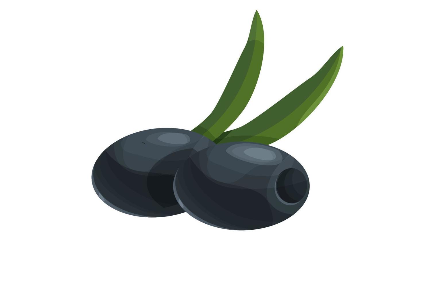 svart oliv med löv i tecknad stil isolerad på vit bakgrund. livsmedelsingrediens. traditionell grekisk eller italiensk växt. vektor illustration