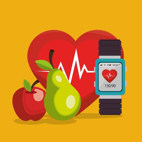 smartwatch med hälsosam livsstil ikoner vektor