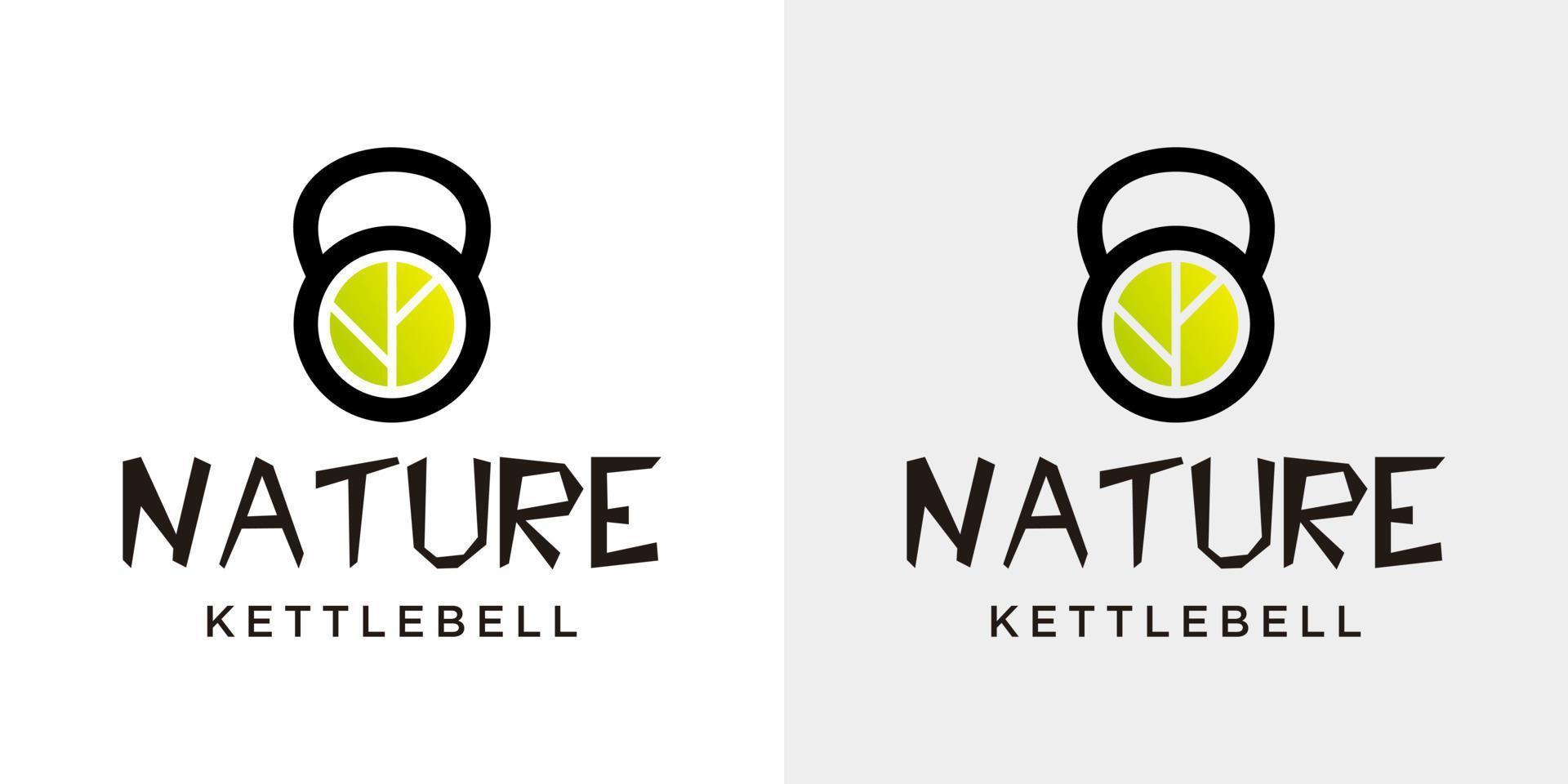 Kettlebell und Blatt-Logo-Design auf grauem und weißem Hintergrund. vektor