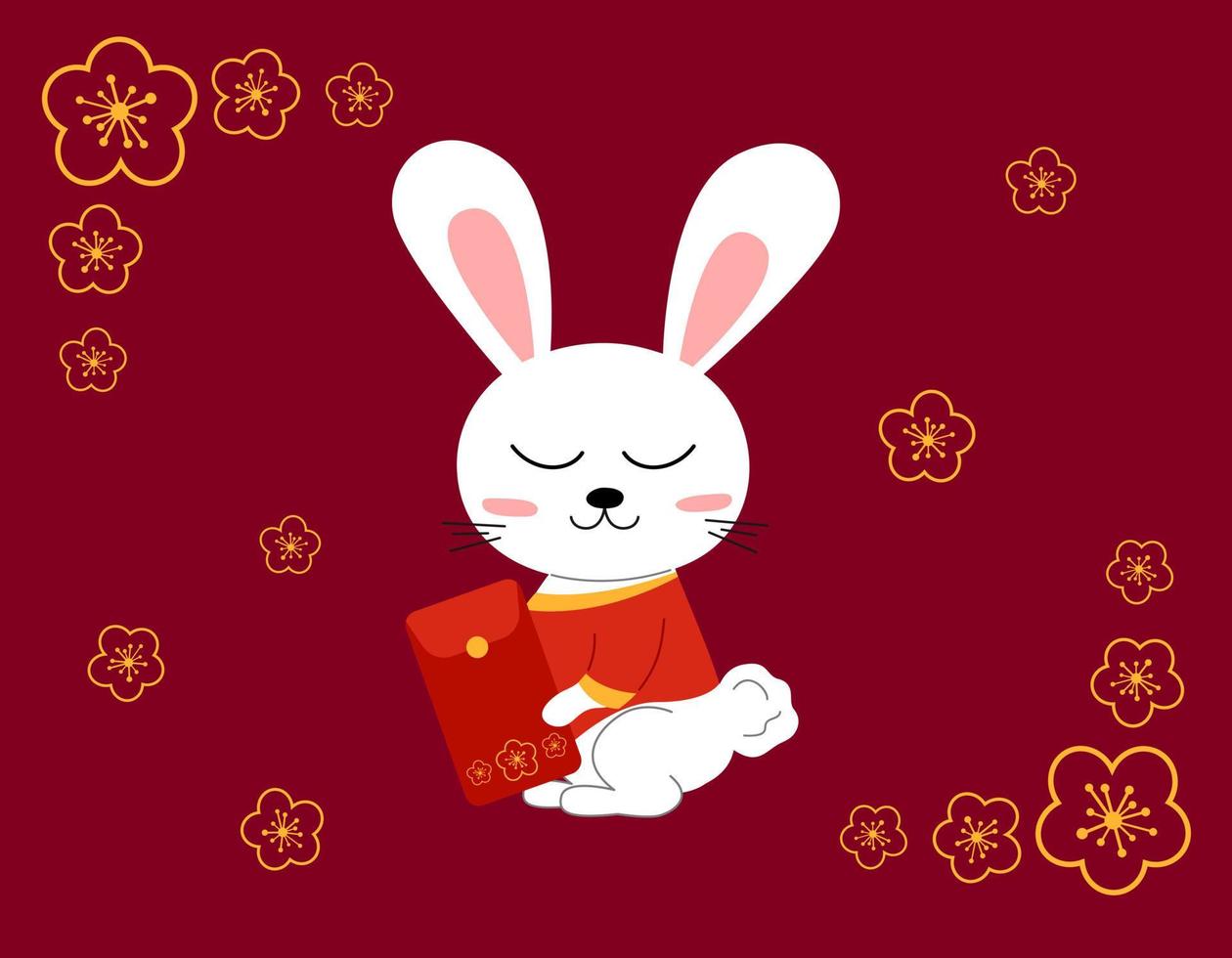 kinesisk kanin 2023 symbol. söt tecknad vit kanin i kinesiska kläder med röda kuvertgåva. blommig gyllene sakura prydnad på röd bakgrund. platt vektor illustration