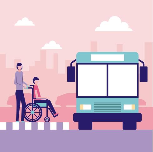 Frau mit Person im Rollstuhl an der Bushaltestelle vektor