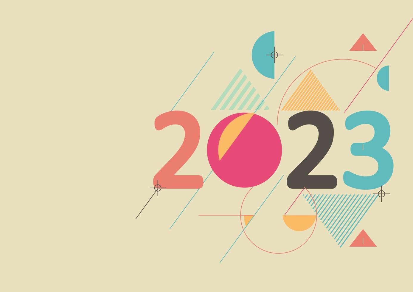 2023 gott nytt år design med modern geometrisk abstrakt bakgrund i retrostil. gratulationskort banner för kalligrafi 2023 innehåller färgglada gulblå röda former. vektor illustration