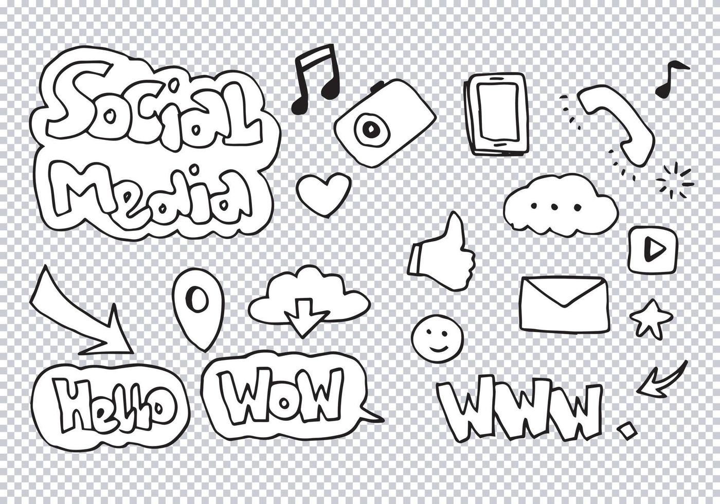 vektor line art doodle tecknad uppsättning objekt och symboler på temat sociala medier.