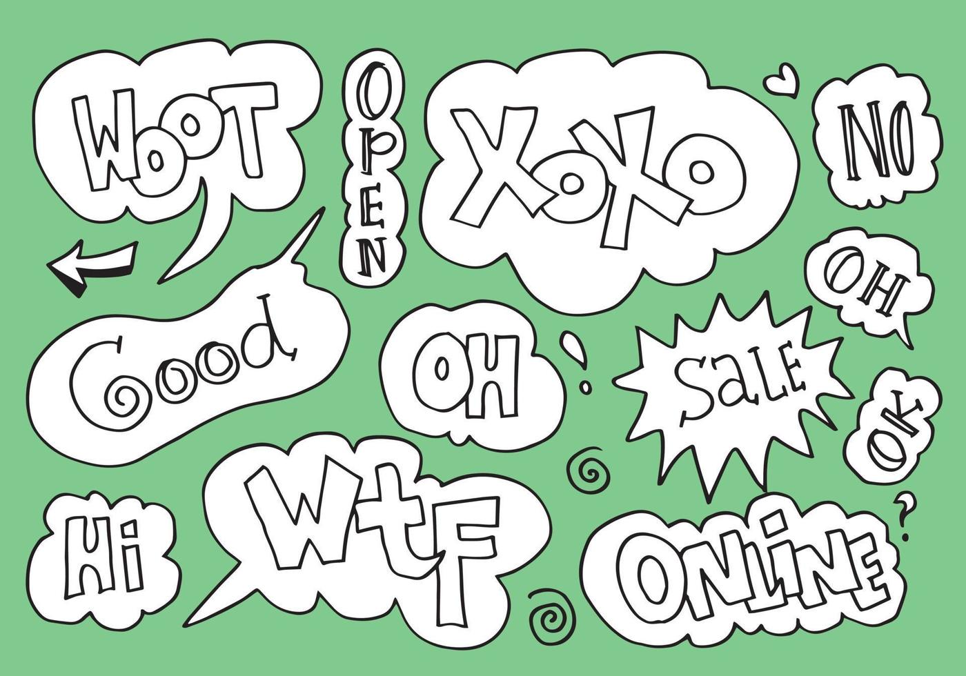 handritad uppsättning pratbubblor med handskrivna korta fraser woot, öppen, xoxo, bra, rea, wtf, online och mer på grön bakgrund. vektor