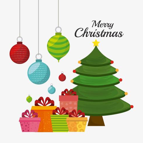 Kartendesign der frohen Weihnachten mit Geschenken, Verzierungen und Baum vektor