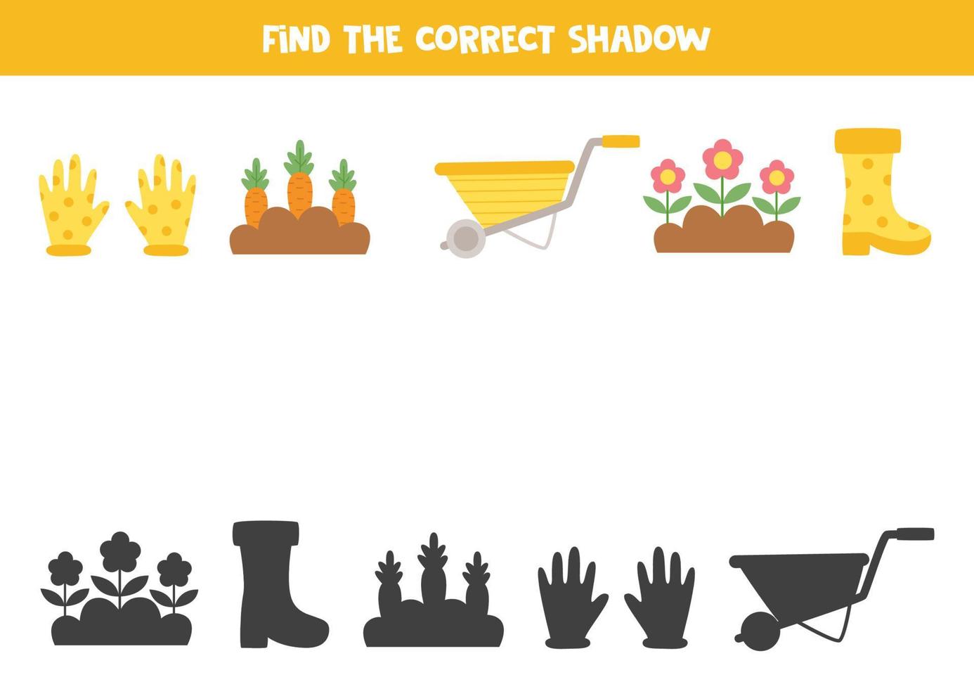 Finden Sie die richtigen Schatten von Cartoon-Gartengeräten. logisches Puzzle für Kinder. vektor