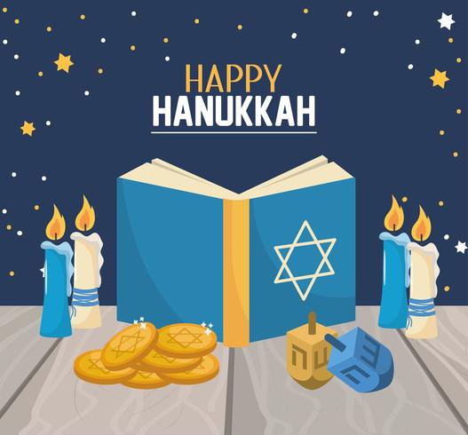 hanukkahbok med ljus och snurrdekoration vektor