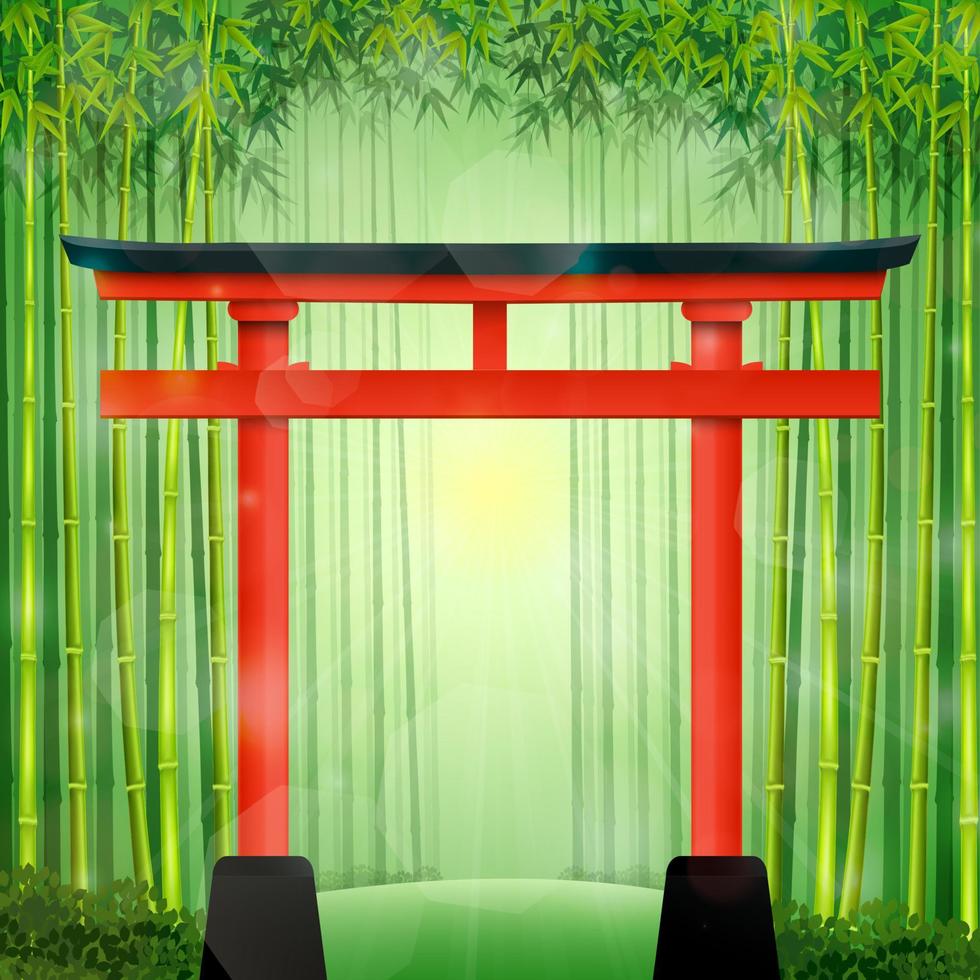 vektorillustration av bambuskog med röd japansk grind vektor