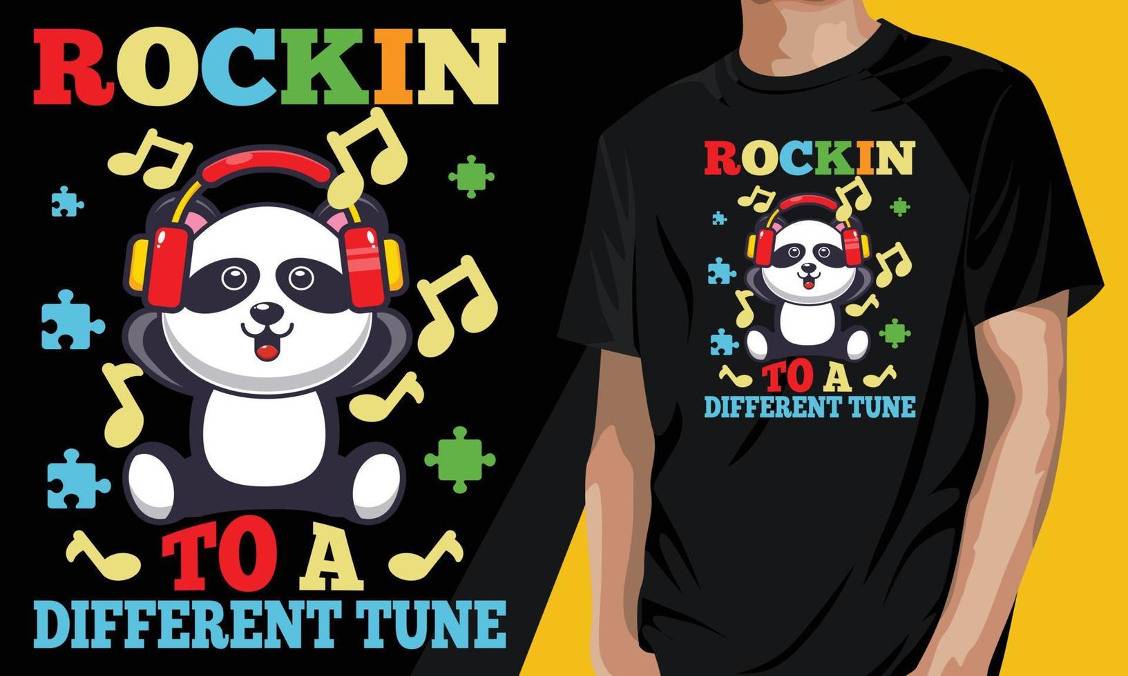 vagga till en annan melodi rolig panda autism t-shirt färgglad pussel musik design. vektor