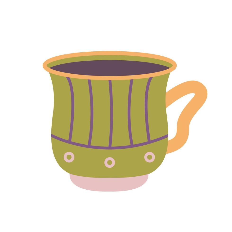grüner Becher mit Kaffee oder Tee, verziert mit Mustern, Vektorillustration im flachen Stil vektor