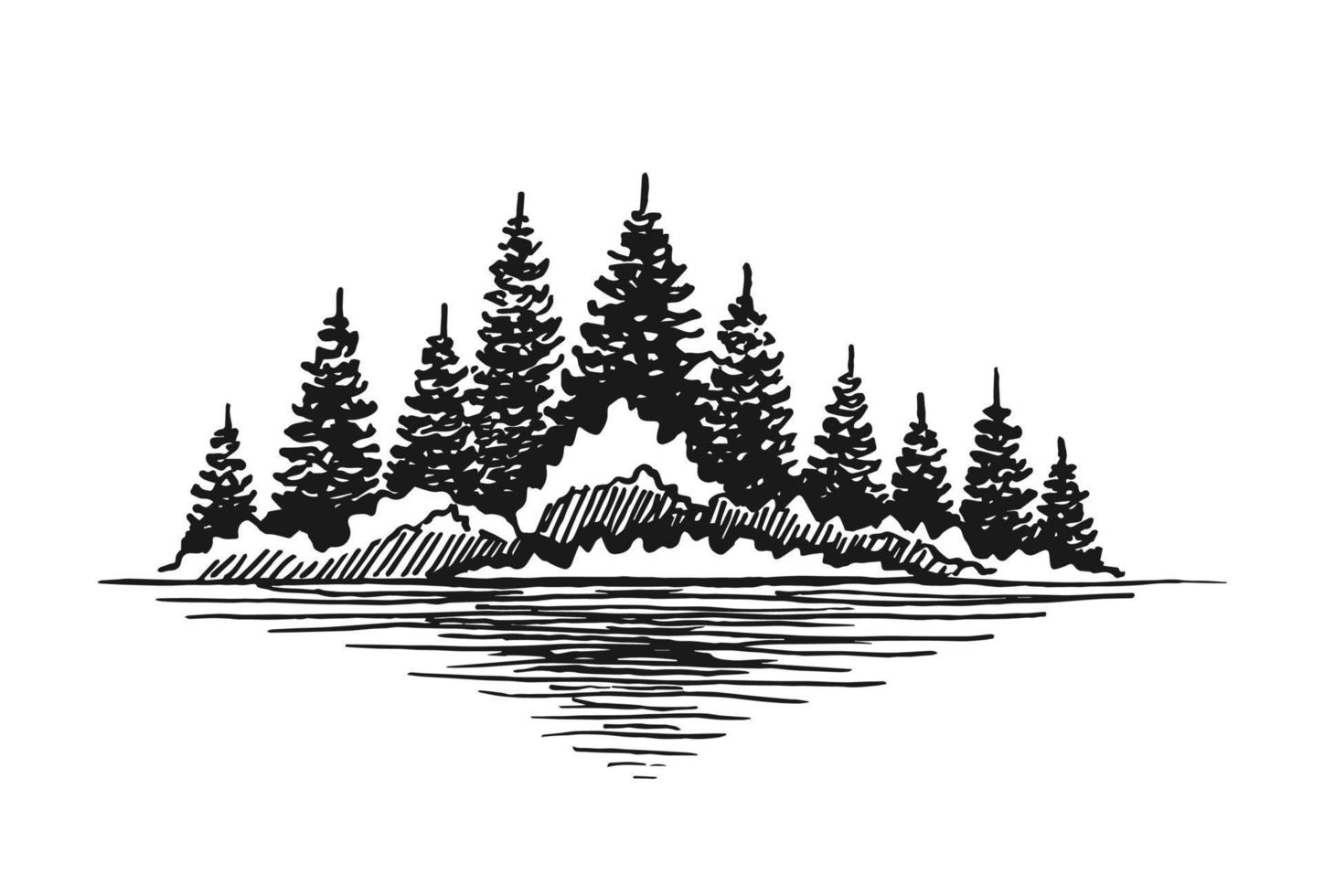 skizze der wilden natur mit wald. handgezeichnete illustration in vektor umgewandelt.