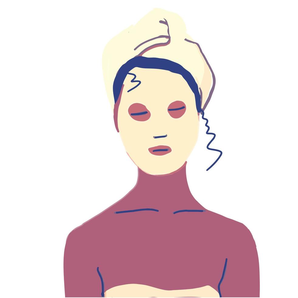 spavård. ung mörkhyad kvinna med en vit kosmetisk mask i ansiktet och en handduk på håret vektor