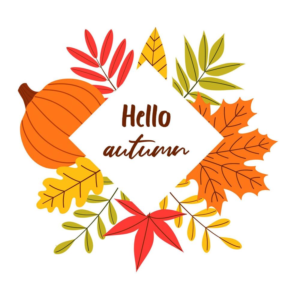 Vektor-Herbst-Banner mit hellen Blättern und der Aufschrift Hallo Herbst auf weißem, isoliertem Hintergrund. Abbildung im flachen Stil. vektor