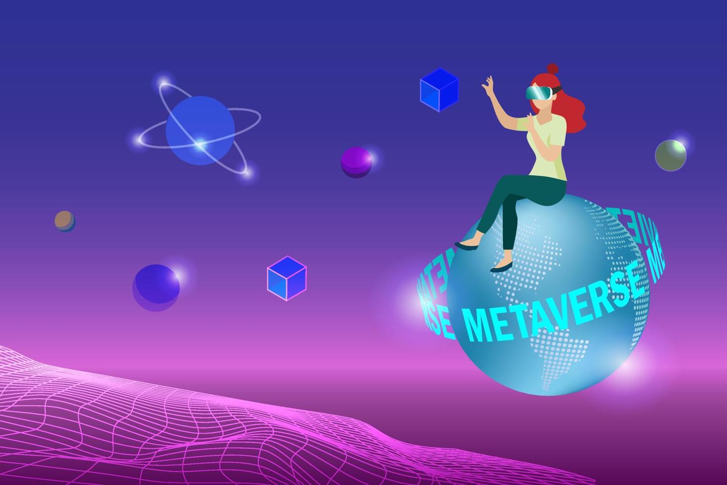 metaverse, virtual-reality-technologie, benutzeroberfläche 3d-erlebnis mit smartphone und digitalen geräten. Frau sitzt auf der Metaverse-Welt und verwendet ein vr-Headset, das sich online mit dem virtuellen Raum und dem Universum verbindet. vektor