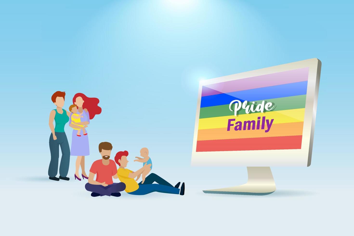 lgbt-familienpaar, das adoptiertes baby mit lgbt-regenbogenfarbenflagge auf computer hält. vektor