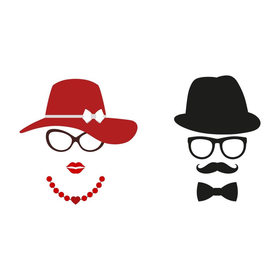 männliche und weibliche Gesichtssymbole in Hut und Brille vektor