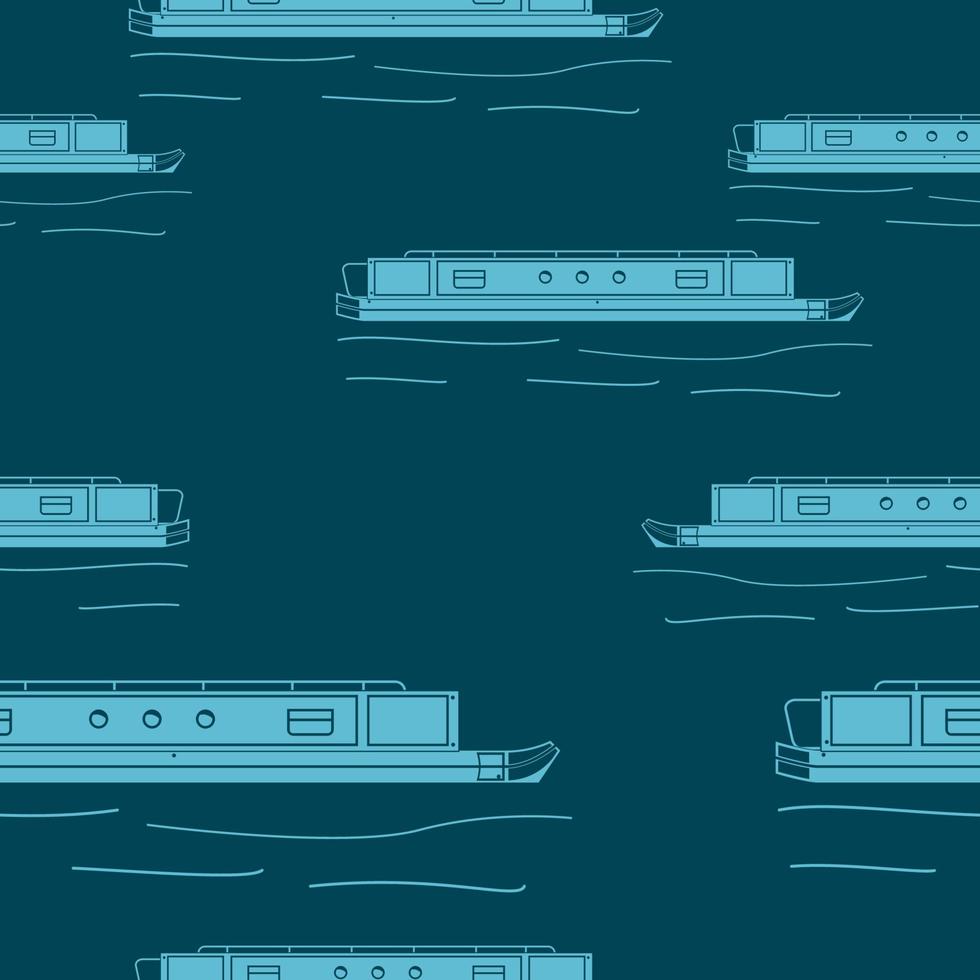 redigerbar platt monokrom sidovy smal båt vektorillustration med vattenvågor mörkt sömlöst mönster för att skapa bakgrund av transport eller rekreation av Storbritannien eller Europa vektor