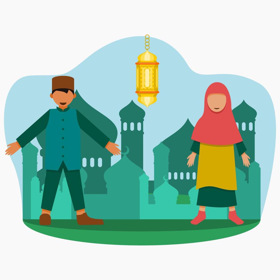 editierbarer muslimischer junge und mädchen, die vor der moscheensilhouette mit hängender arabischer laternenvektorillustration für ramadan kareem, eid mubarak und andere islamische momente stehen vektor