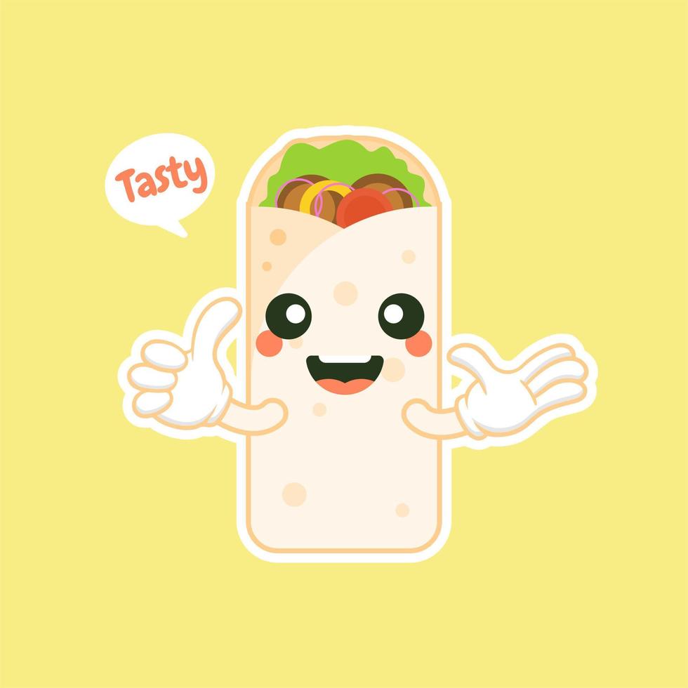 söt och kawaii shawarma kebab seriefigur med leende ansikte välsmakande inslagen snabbmat. emoji kawaii. kan användas i restaurangmeny, hälsosam mat. kulinarisk ingrediens. vektor