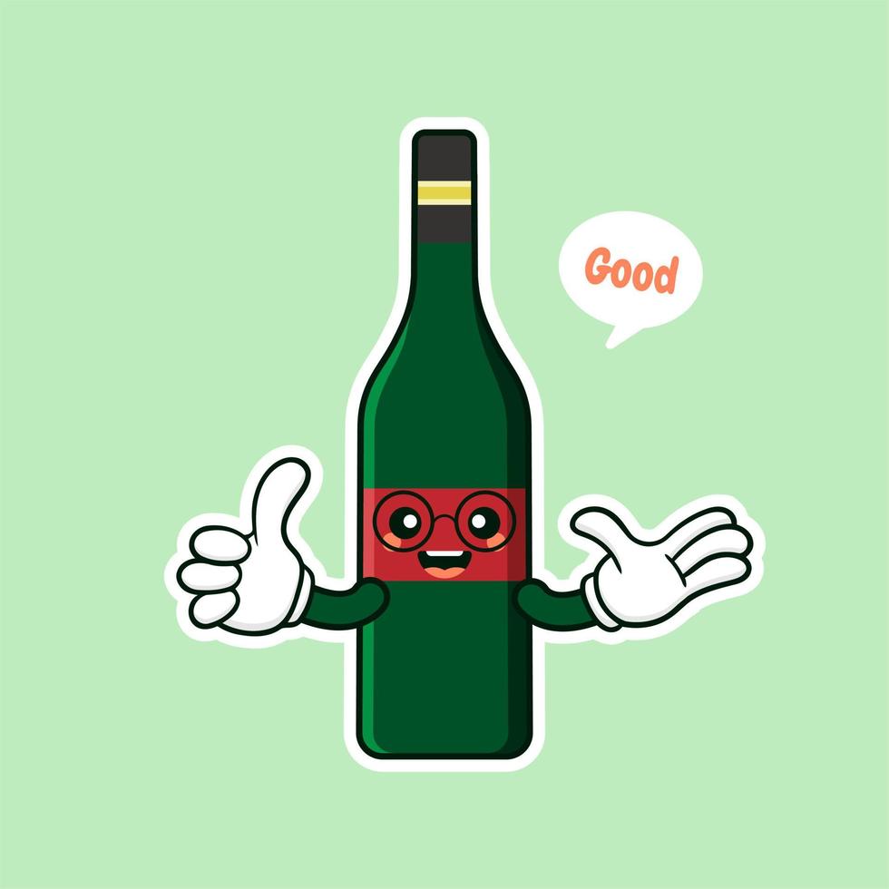 söt och kawaii vinflaska seriefigur platt stil vektorillustration. funky leende glas vinflaska karaktär designmall för vinmeny eller vinkarta vektor