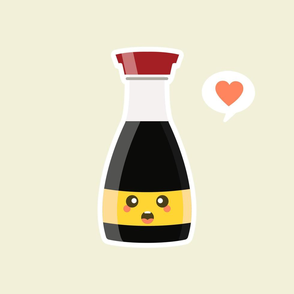 kawaii und süße fröhliche lustige sojasaucenflasche. vektorzeichentrickfigurillustrationsikonendesign.isoliert auf farbigem hintergrund. kann für Emoticon, Emoji, Aufkleber verwendet werden vektor