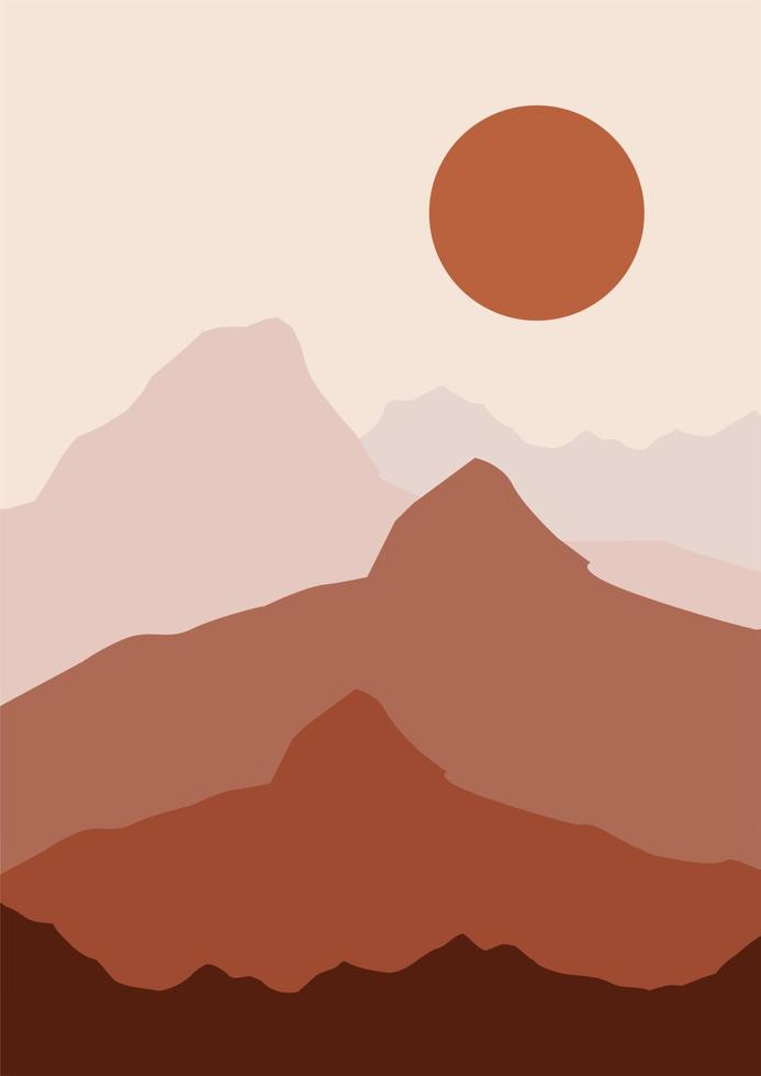 abstrakte zeitgenössische ästhetische hintergründe landschaften mit sonnenaufgang, sonnenuntergang. Erdtöne, Pastellfarben. Boho-Wanddekoration. Moderner minimalistischer Kunstdruck der Mitte des Jahrhunderts. flaches Design. vektor