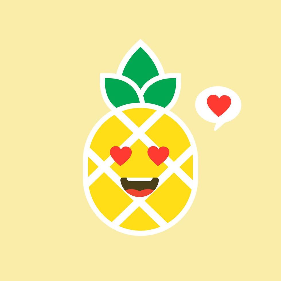 glad ananasfrukt med sött kawaii-ansikte, rolig veggiekaraktär med fras, platt stilillustration för barnaffisch och sommar-t-shirtdesign, isolerad på färgbakgrund vektor
