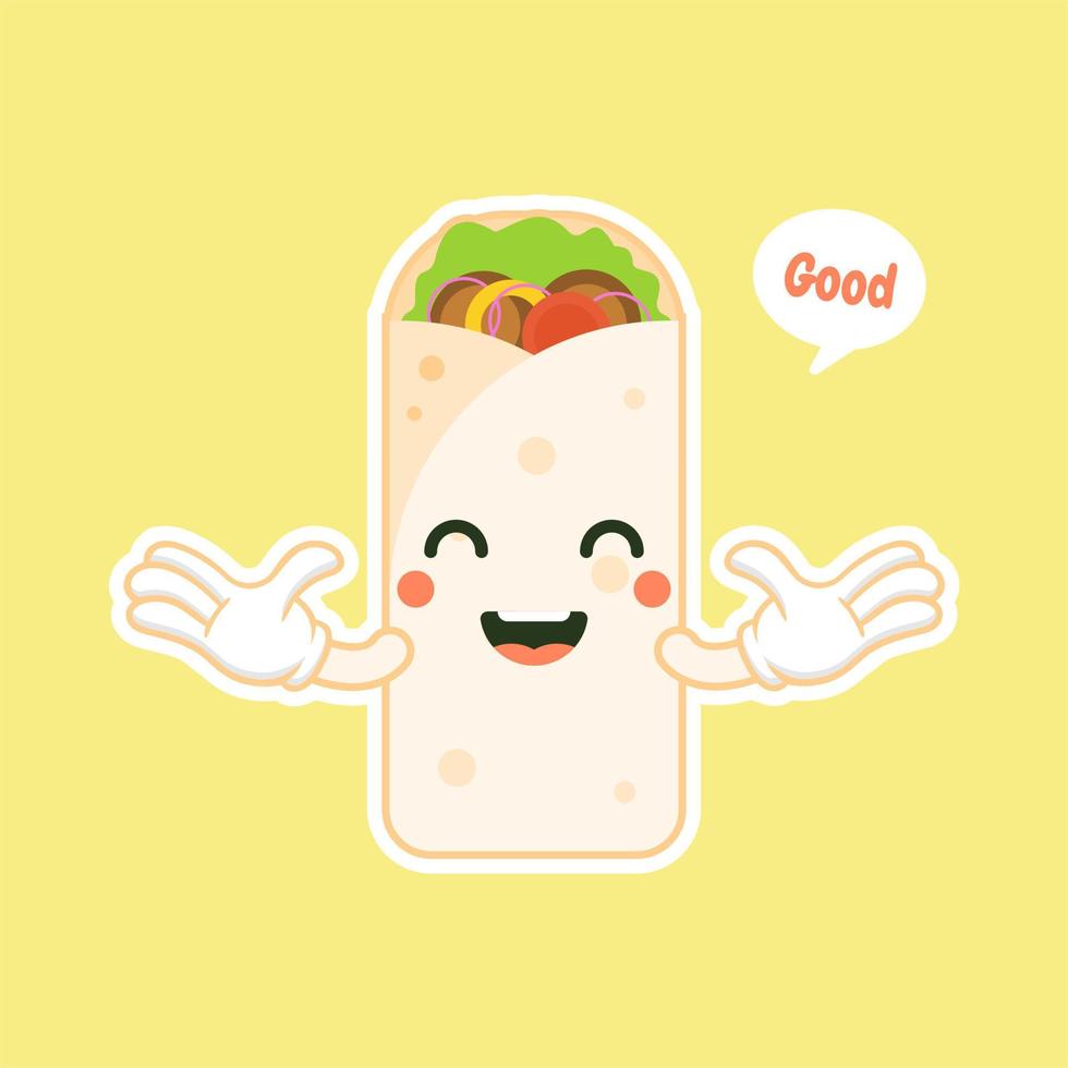 süß und kawaii shawarma kebab cartoon comicfigur mit lächelndem gesicht lecker verpackt fastfood. Emoji-Kawaii. kann im Restaurantmenü verwendet werden, gesundes Essen. kulinarische Zutat. vektor