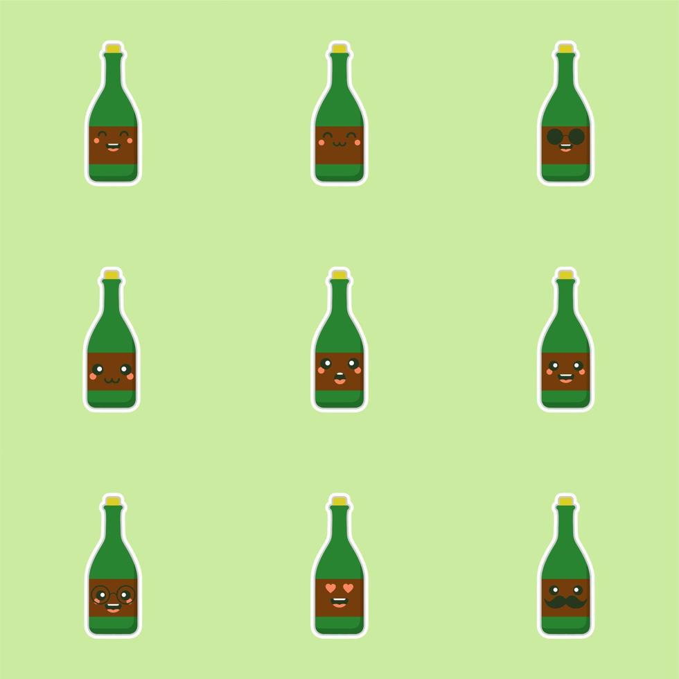 süße und kawaii Weinflaschen auf grünem Hintergrund, farbenfrohes Design. flache Design-Vektor-Illustration. cartoon kawaii champagner mit lächeln und lächelnden augen. süße Sektflasche vektor