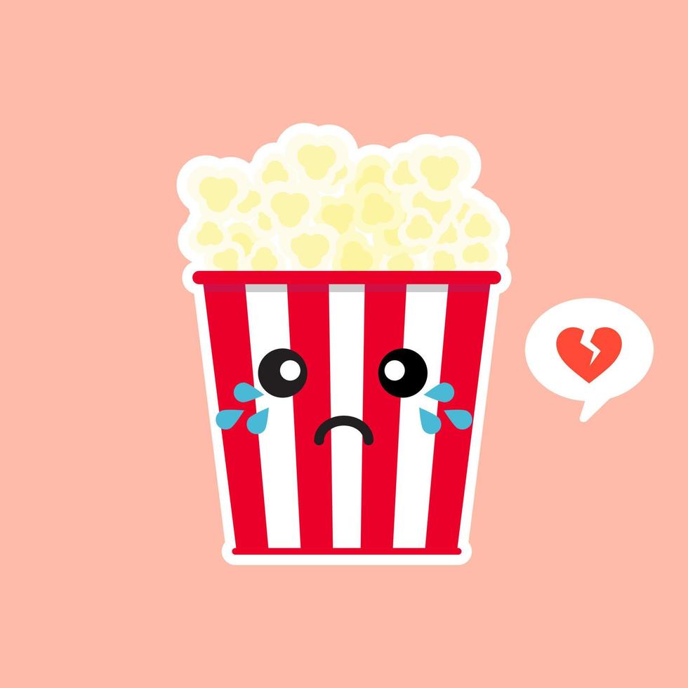 niedliches und kawaii popcorn popcorn in der roten eimerkastenkinosnackvektorillustrationszeichentrickfilm-figurikone im flachen design. vektor