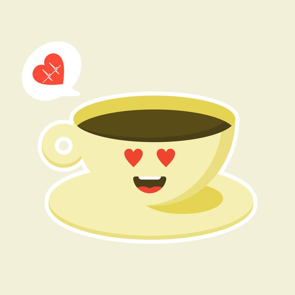 glücklicher kaffeecharakter in der flachen artvektorillustration. kaffeetasse-zeichentrickfigur mit lustigem ausdruck vektor