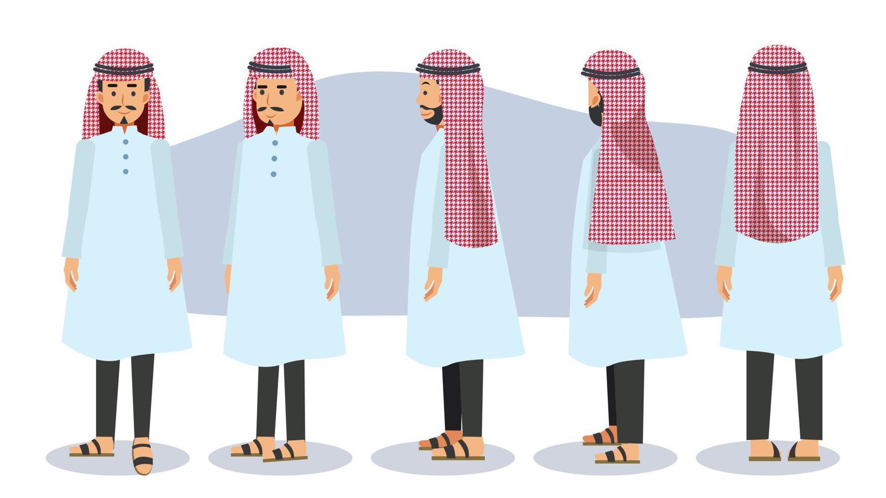 zeichentrickfigur eines muslimischen, arabischen mannes. vorne, seitlich, hinten, 3-4 Ansichtszeichen. flache vektorillustration. vektor