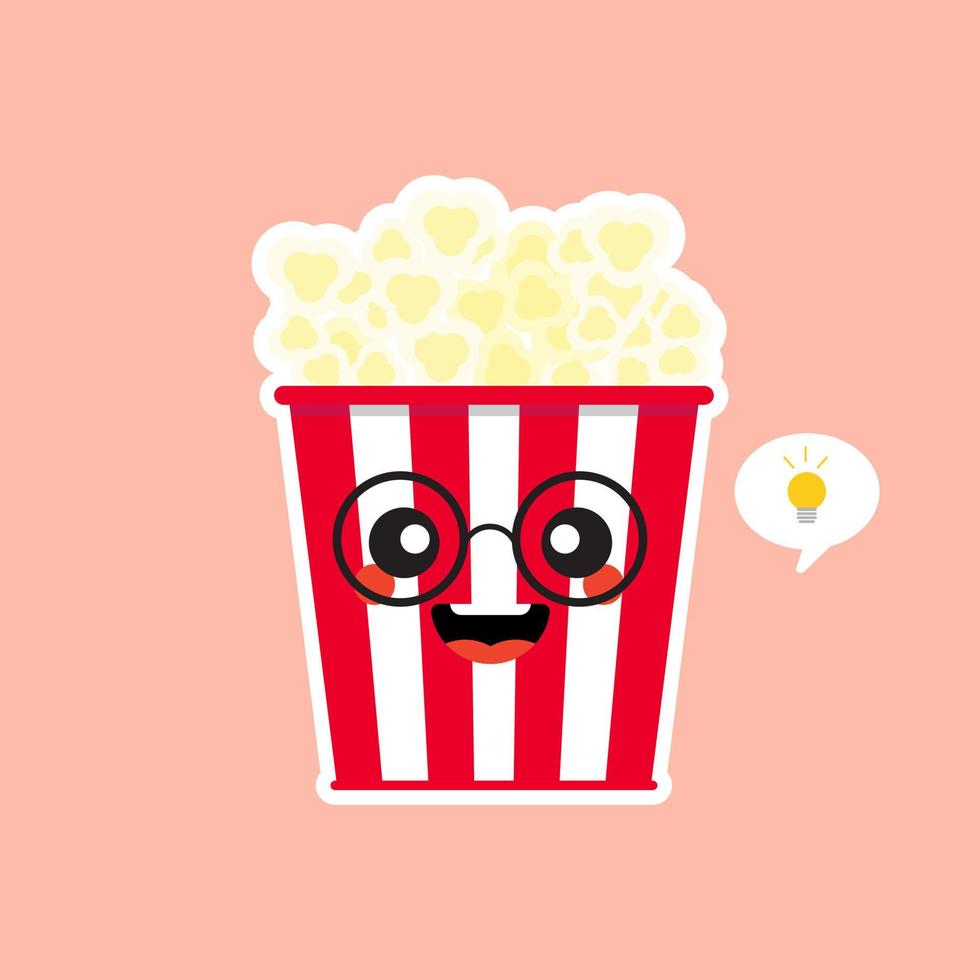 niedliches und kawaii popcorn popcorn in der roten eimerkastenkinosnackvektorillustrationszeichentrickfilm-figurikone im flachen design. vektor