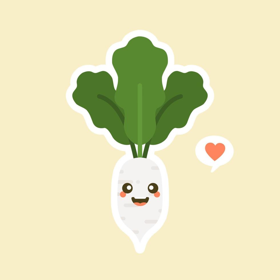 söt och kawaii vit rädisa karaktär. friska glada ekologiska grönsaker karaktär illustration vektor
