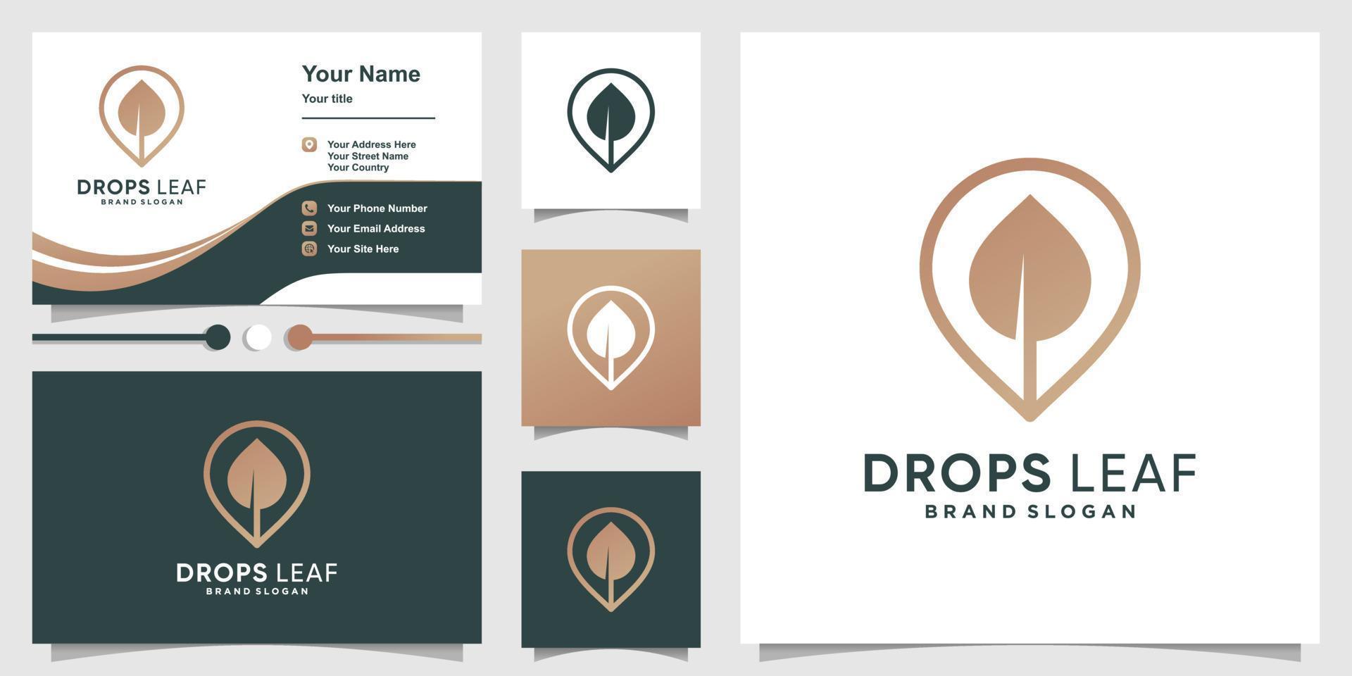 droppar löv logotyp med modern konceptdesign och visitkort design premium vektor