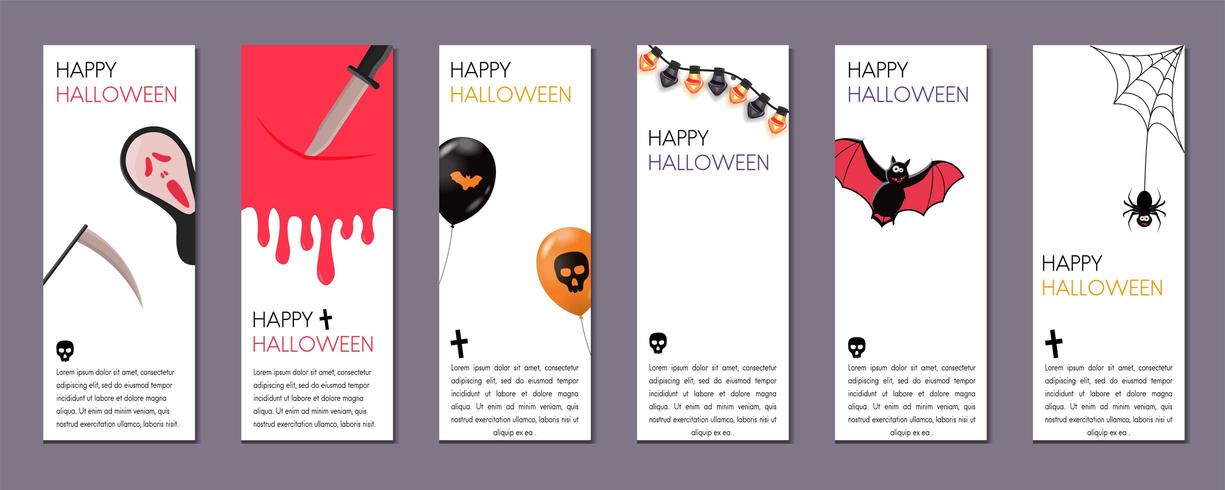 Uppsättning av Halloween vertikala banners med Halloween-symboler på vit bakgrund. vektor