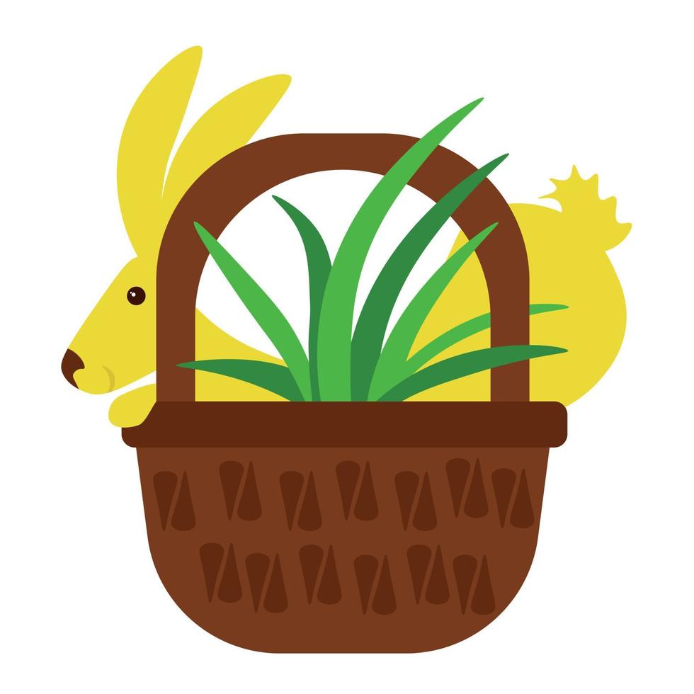 Kaninchen in einem Korb, Osterhase mit Frühlingsgras für eine Urlaubskarte vektor