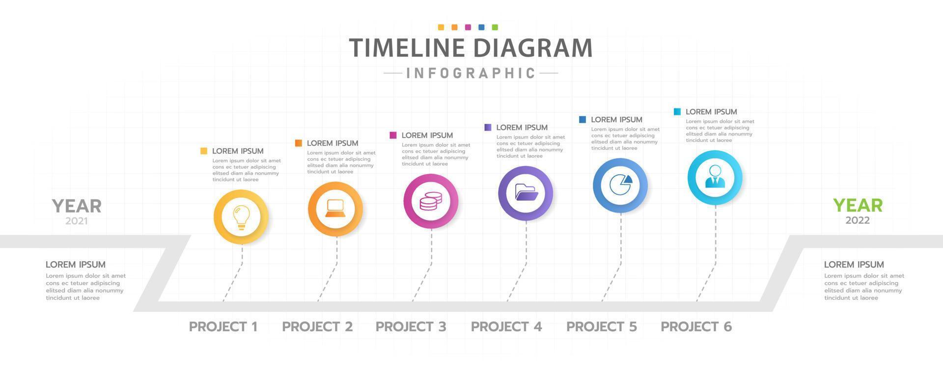 Infografik-Vorlage für Unternehmen. 6 modernes Zeitachsendiagramm mit Projektplaner, Präsentationsvektor-Infografik. vektor