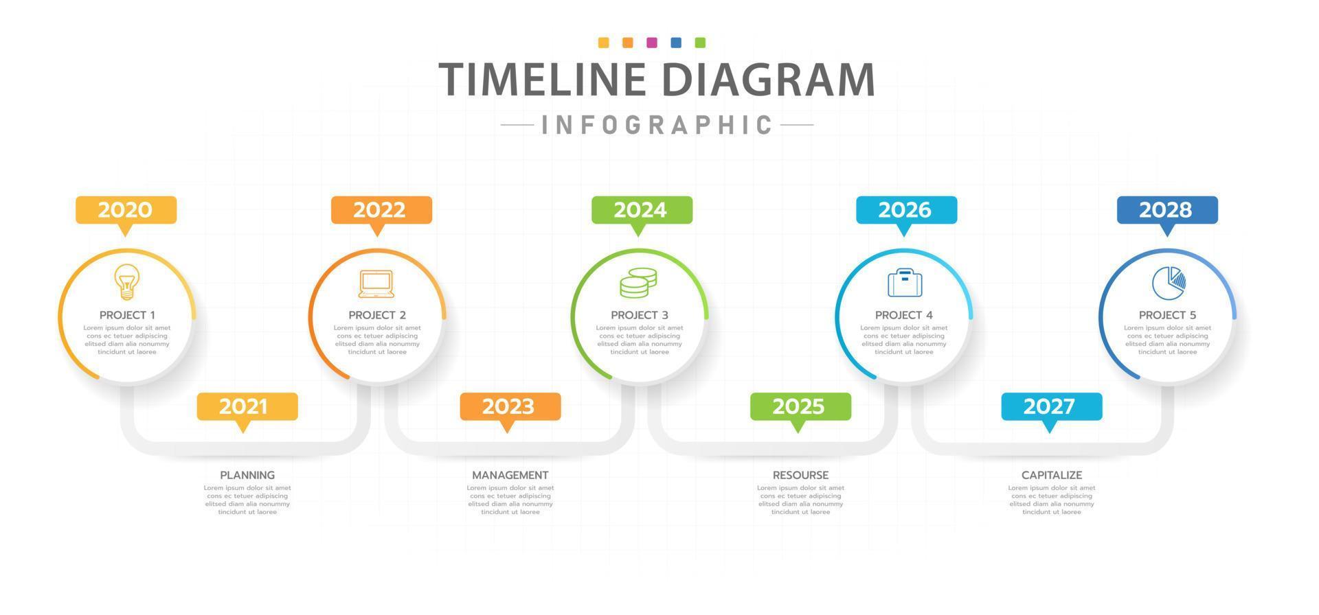 infographic mall för företag. 5 moderna projekttidslinjediagram med årlig färdplan, presentationsvektorinfografik. vektor
