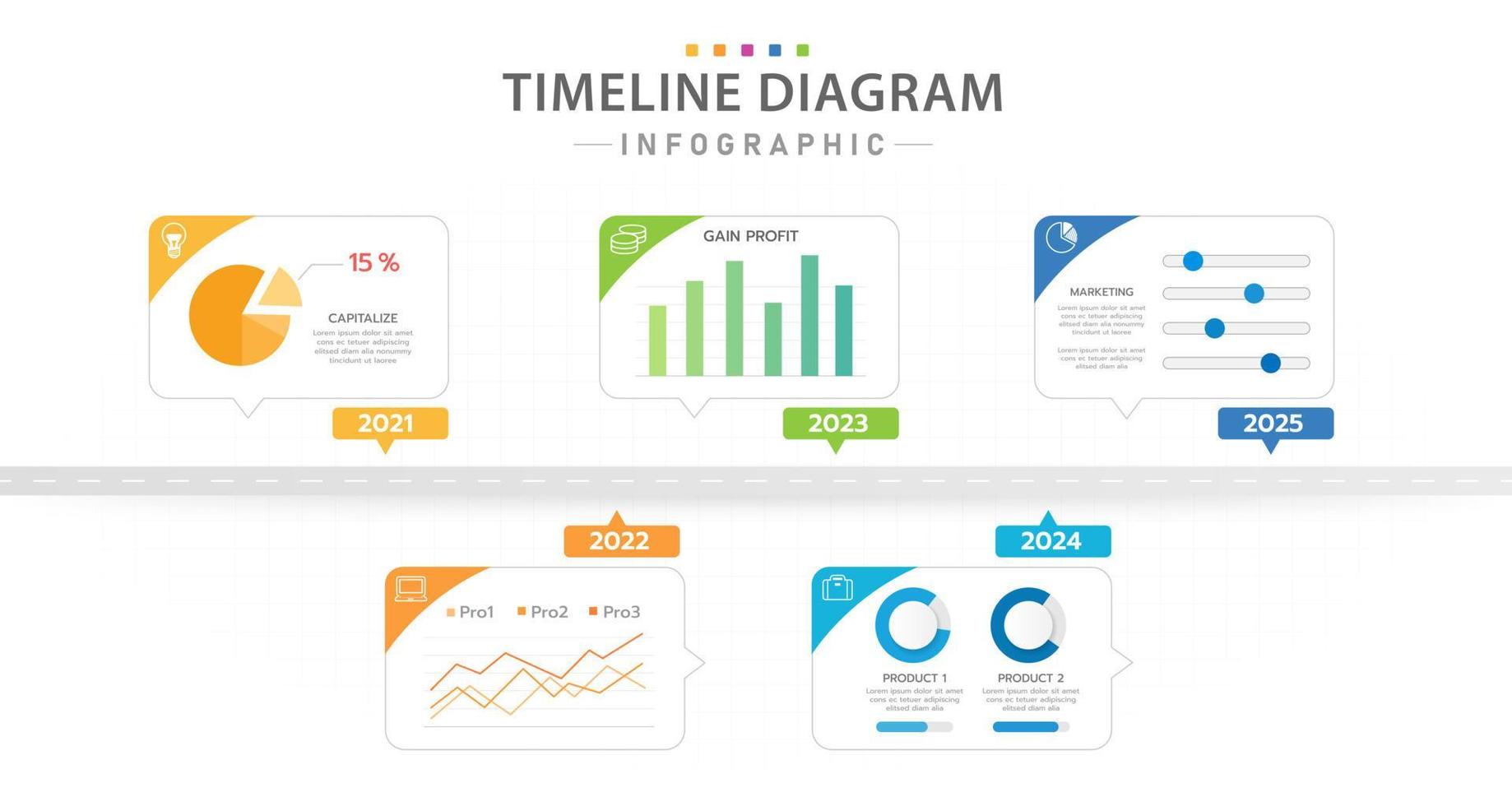 Infografik-Vorlage für Unternehmen. 5 modernes Zeitachsendiagramm mit Dashboard-Diagramm, Präsentationsvektor-Infografik. vektor
