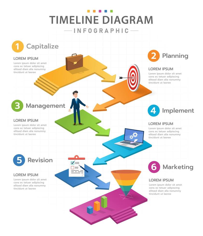 Infografik 6 Schritte modernes Plattform-Timeline-Diagramm mit Pfeilen. vektor
